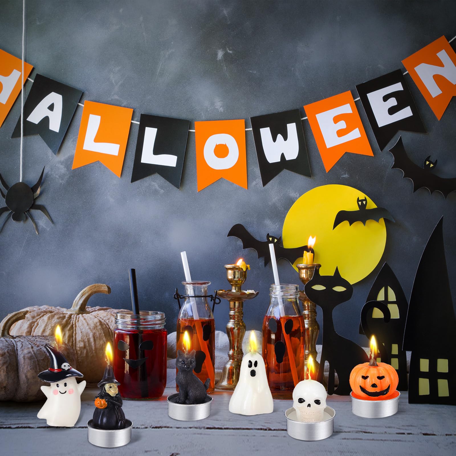 Rossesay 12 Pcs Halloween Decoration Candles Ghost Candles Pumpkin Skeleton Cat Witch Cute Mini Candles White Soy Wax Horror Tea Lights Spooky Candles Set for Autumn Halloween Party Home Decorations