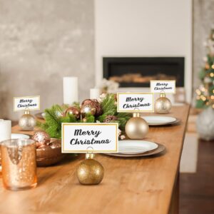 Civaner 12 Pcs Christmas Ornament Place Card Holders and 18 Pcs Name Cards Set Gold Glass Ball Table Number Holder Table Sign Card Holder for Xmas Winter Wedding Anniversary Birthday Party,1.6 Inch