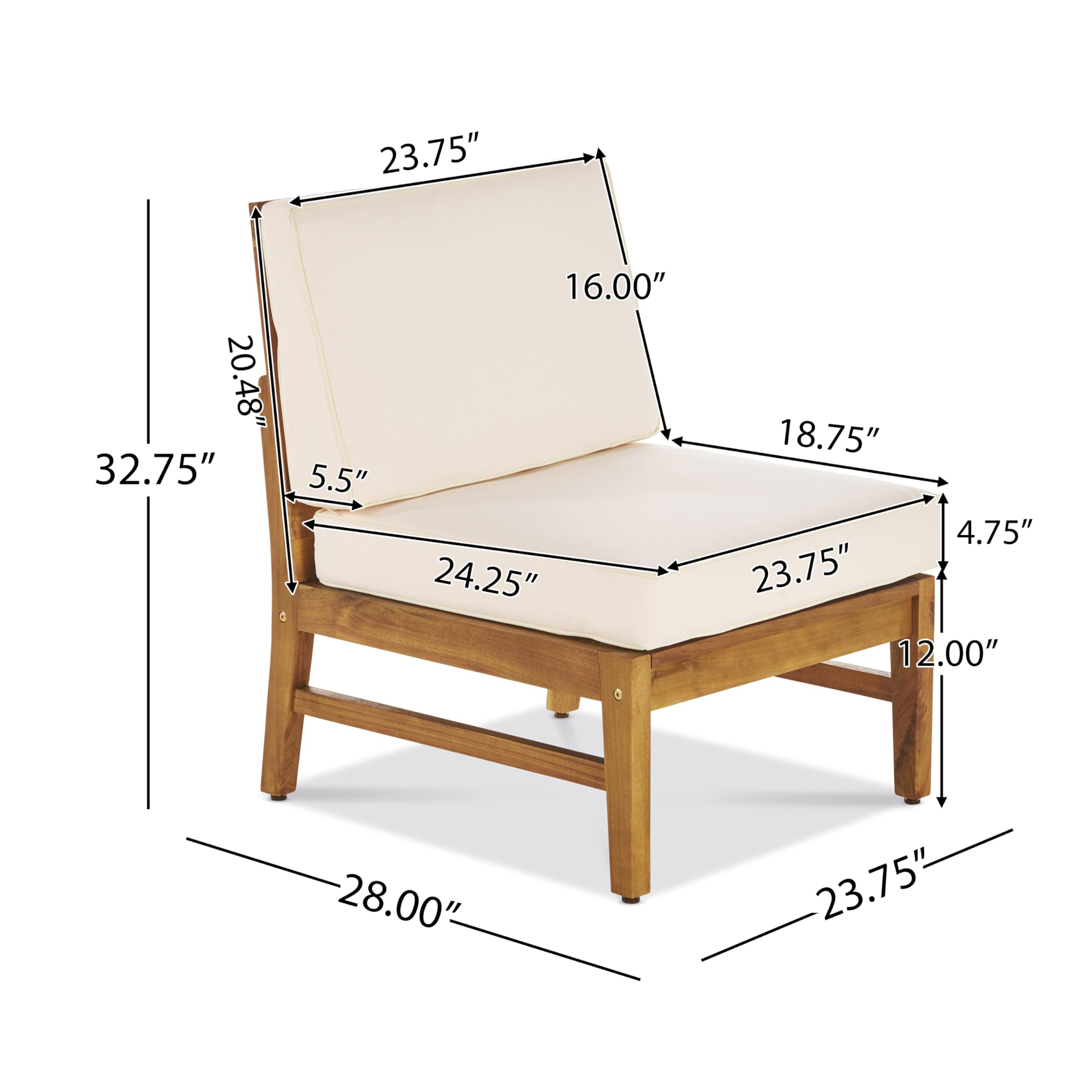 Christopher Knight Home Giancarlo Outdoor Acacia Wood Armless Chair with Water Resistant Cushion, 23.75 "W x 28 "D x 32.75 "H, Teak + Cream