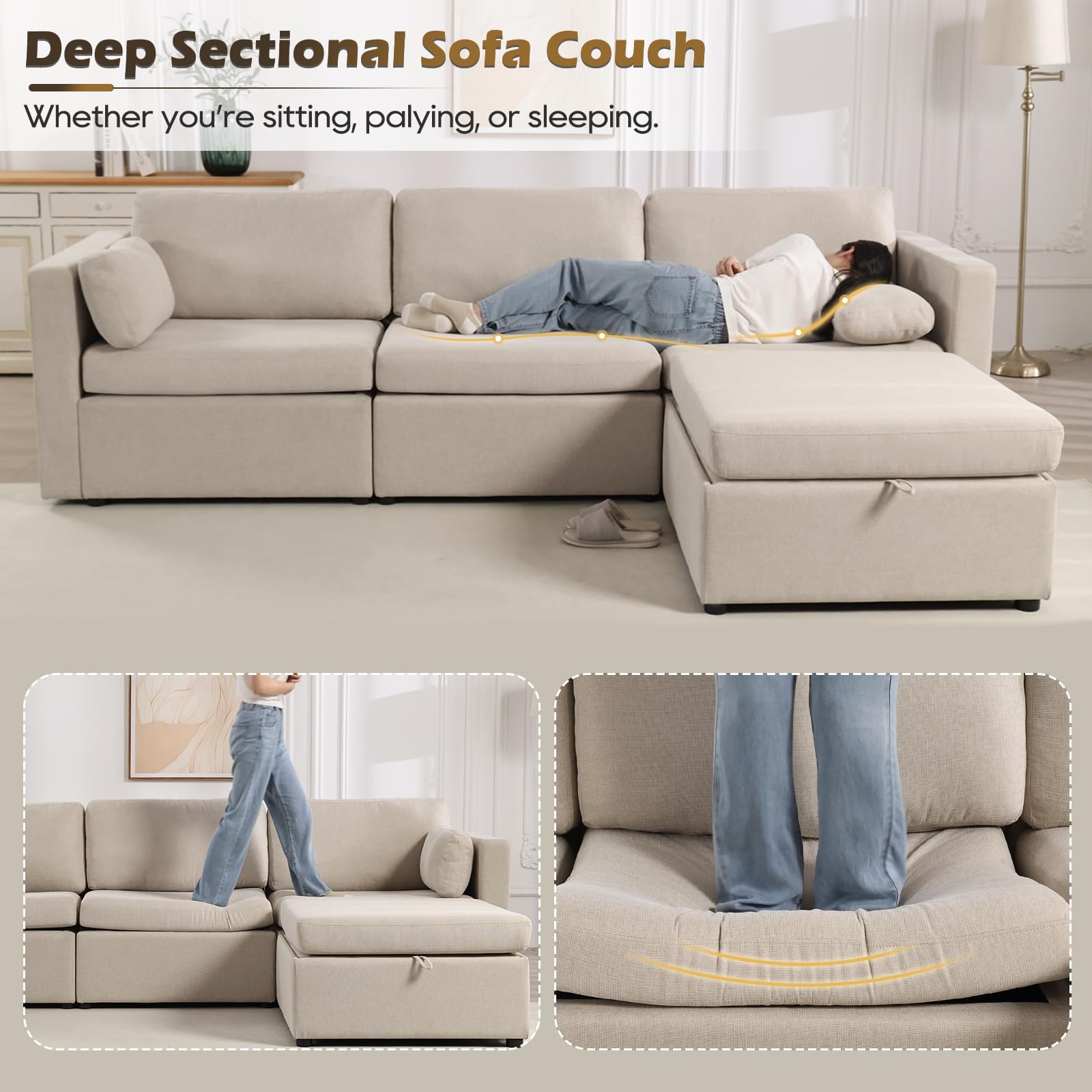 Consofa Modular Sectional Sofa, L Shape Sectional Sofa with Storage Ottoman, Convertible Sectional Sofa Couch with Removable Cover, Deep Seat Sectional Couches for Living Room, Apartment, Office