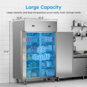 Mojgar Commercial Refrigerator and Freezer Combo,48" W Dual Temperature Zones,All Stainless Steel Design,38 Cu.ft 8 Adjustable Shelves Refrigerator and Freezer Combo for Restuarant,Shop,Garage,etc