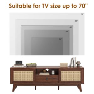 Boho Natural Rattan TV Stand 70 Inch for Living Room, Mid Century Modern TV Stand with Storage & Detachable Drawers,Farmhouse Media Console Entertainment Center with Hand Made Rattan Doors