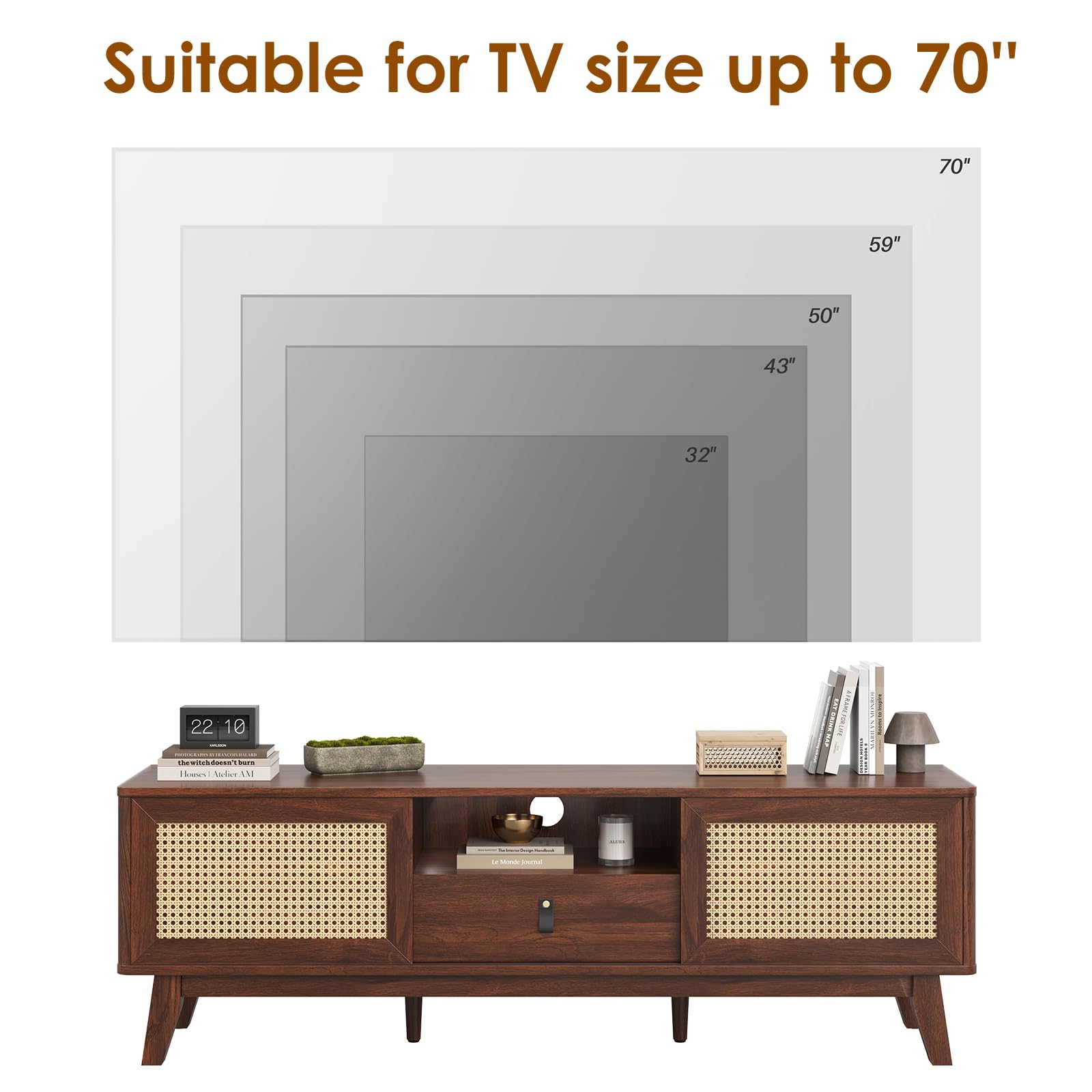 Boho Natural Rattan TV Stand 70 Inch for Living Room, Mid Century Modern TV Stand with Storage & Detachable Drawers,Farmhouse Media Console Entertainment Center with Hand Made Rattan Doors