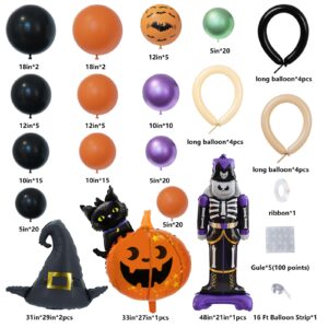 Wecepar 158pcs Halloween Balloon Garland Arch Kit Black Orange Purple Green Balloon with Skeleton Guard Cat Pumpkin Witch Hat Shaped Foil Balloons for Halloween Theme Party Supplies Decorations