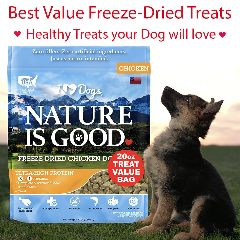 iHeartDogs Nature is Good Freeze-Dried Dog Treats - Vet-Approved, Filler-Free Raw Dog Treats - Chicken, 20 oz Value Pak