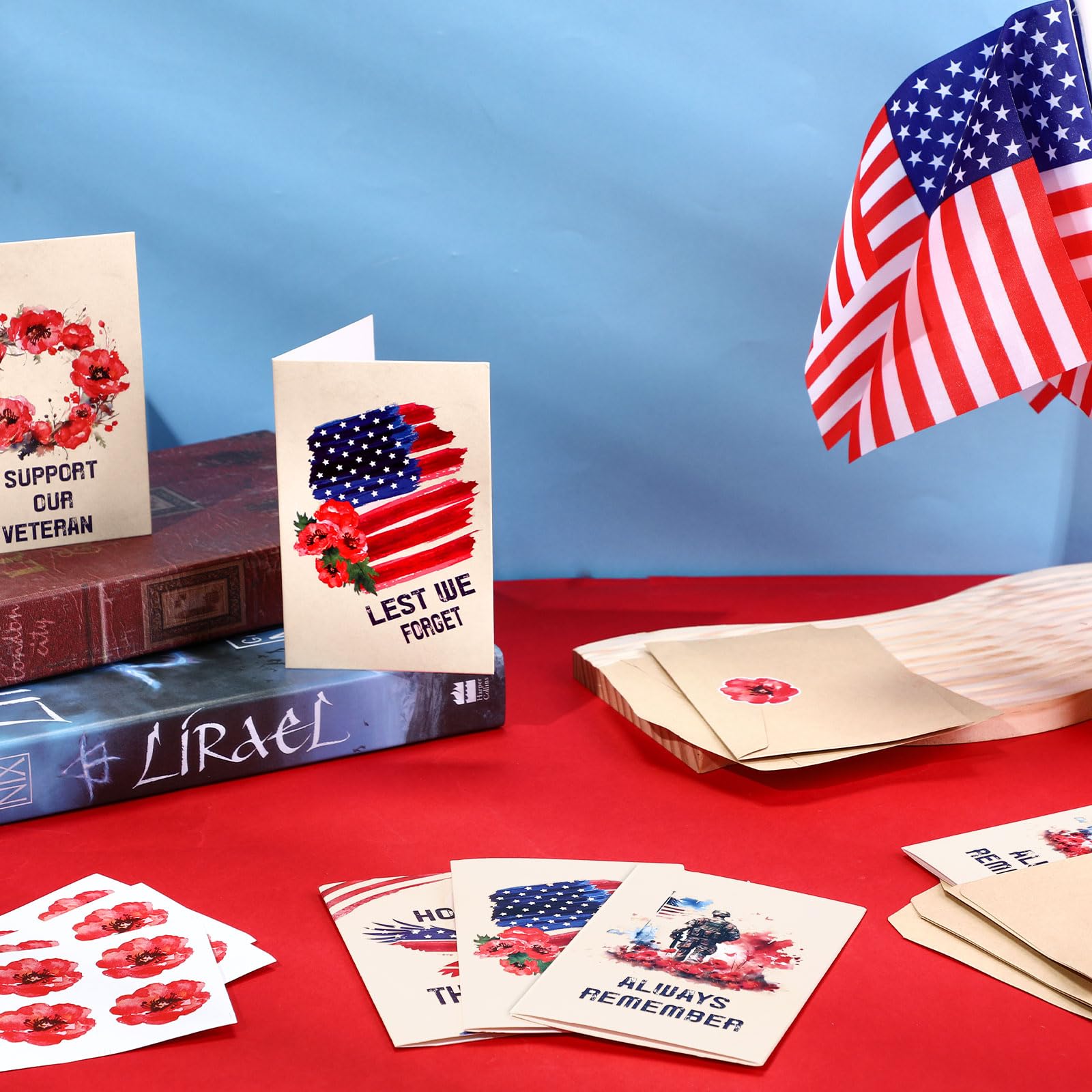 Watersay 100 Sets Veteran Thank You Cards with Envelopes and Stickers Military Appreciation Note Cards Memorial Day Watercolor Cards 4 x 6 Inch Blank Cards Bulk for Veterans Memorial Day