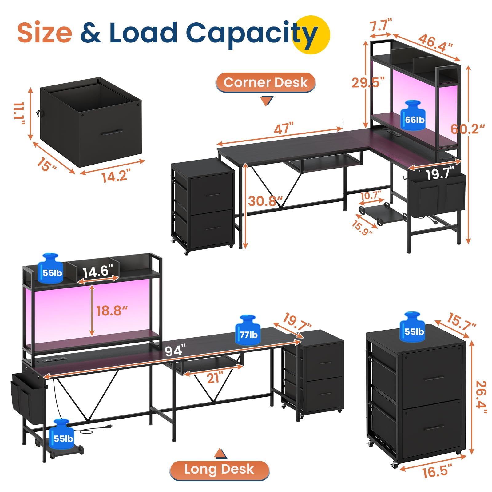 UPOSOJA L Shaped Gaming Desk with Keyboard Tray, Reversible Computer Desk with Power Outlet, Corner Home Office Desks, Mobile File Cabinet Storage Shelves Monitor Stand Drawers (Black, 67in)