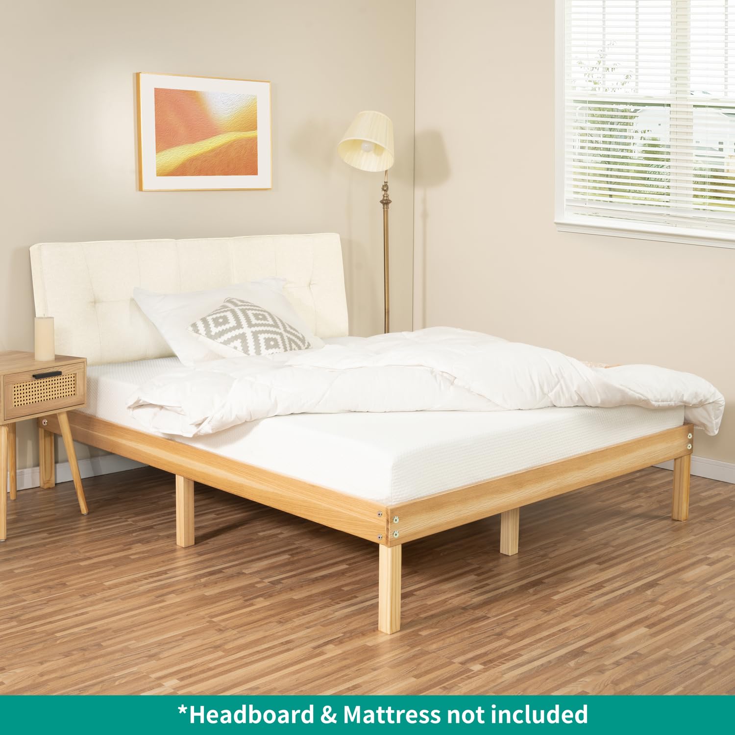 Naomi Home 14 Inch Solid Wood Platform Bed Queen Bed Frame, Pine Wood Queen Platform Bed Frame, No Squeak Bed Frame, Bed Frame Queen Size, No Box Spring Needed, Sturdy Bed Frame - Natural