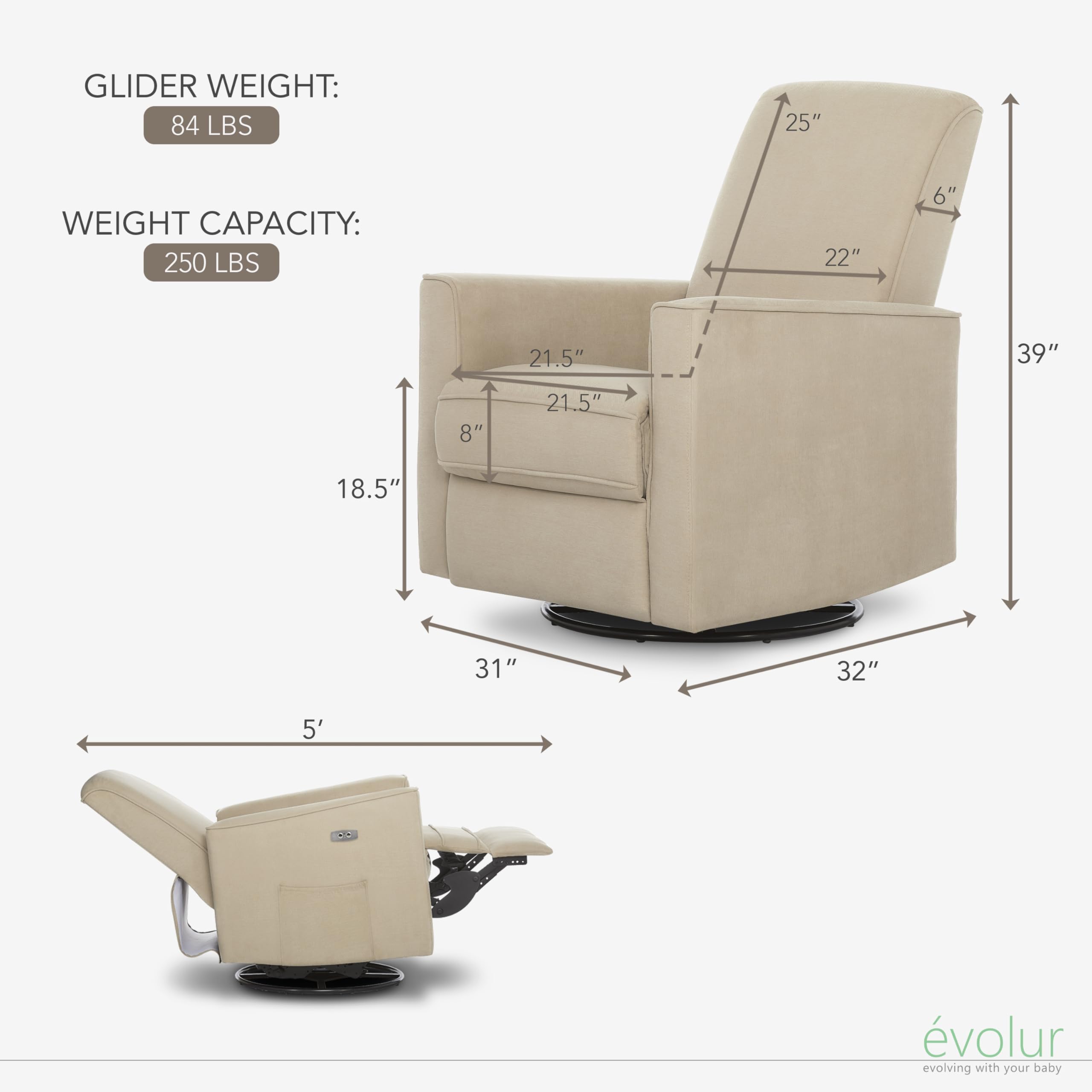 Evolur Harlow Deluxe Upholstered Plush Seating Glider Swivel, Power Recliner with USB Port, Greenguard Gold Certified, Glider Chair for Nursery in Tan