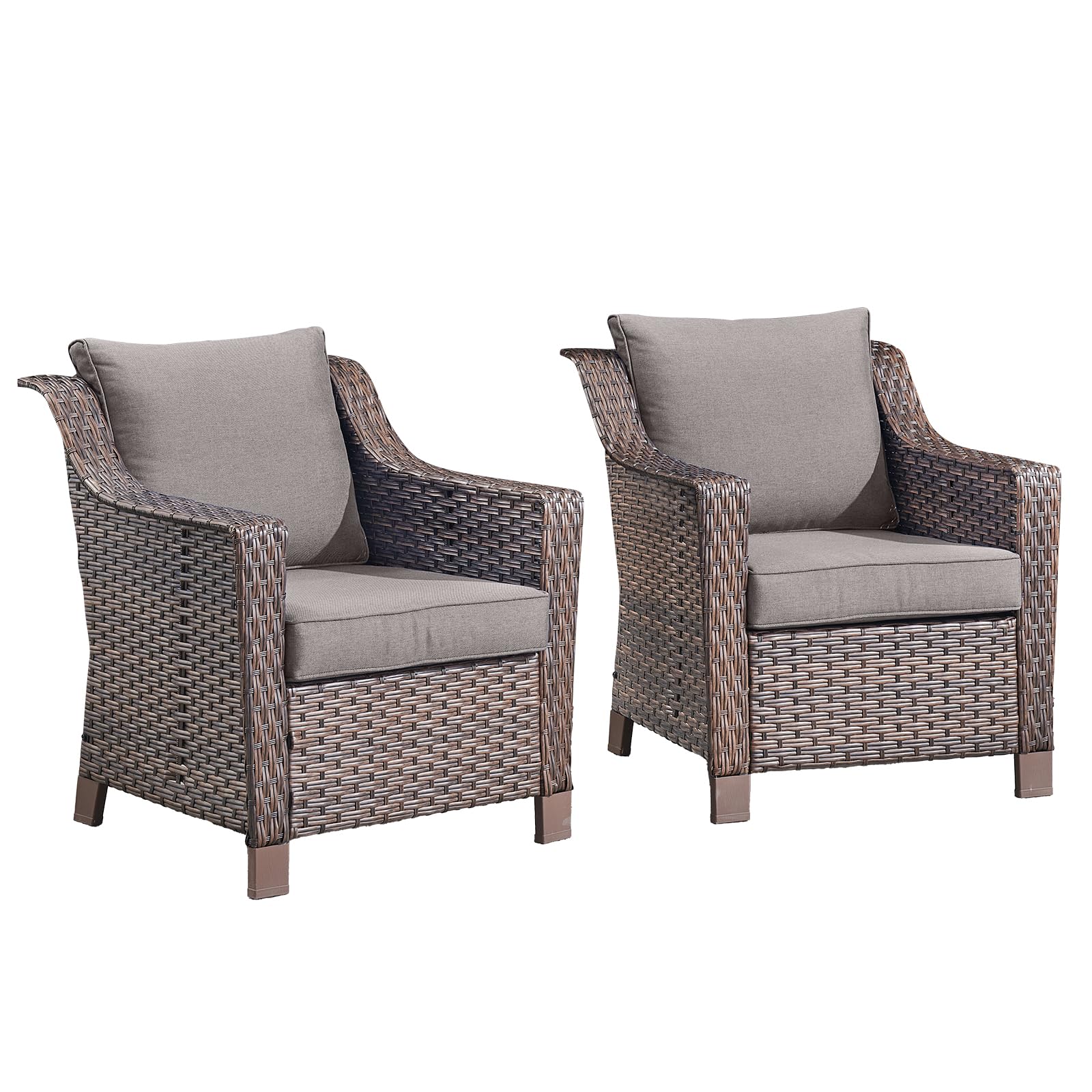 Outdoor Wicker Chair Set of 2-Outdoor Patio Chairs with Deep Seating Patio Dining Chairs for Deck Balcony Poolside Backyard-Brown/Grey