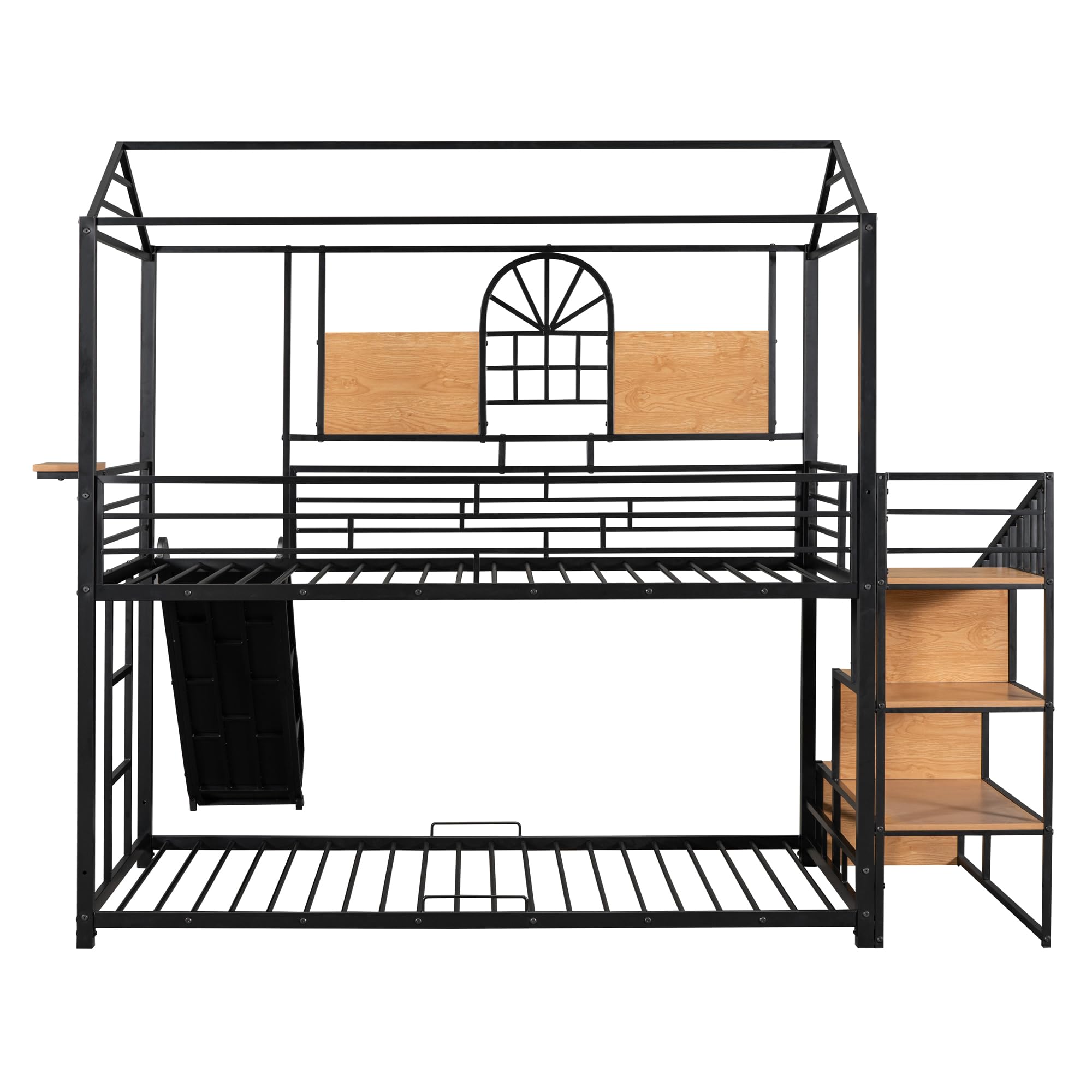 Merax Twin Over Twin Metal Bunk Bed, Metal House Bed with Slide and Storage Stair, Black Bed Frame with Black Slide