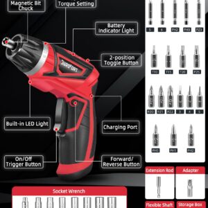 Cordless Electric Screwdriver Set, 8V Max 10Nm Rechargeable Power Electric Drill, Battery Screw Gun with 28pcs Driver Bit Set, 320RPM/10+1 Torque Setting, 2 Position Handle, Flexible Shaft LED Light