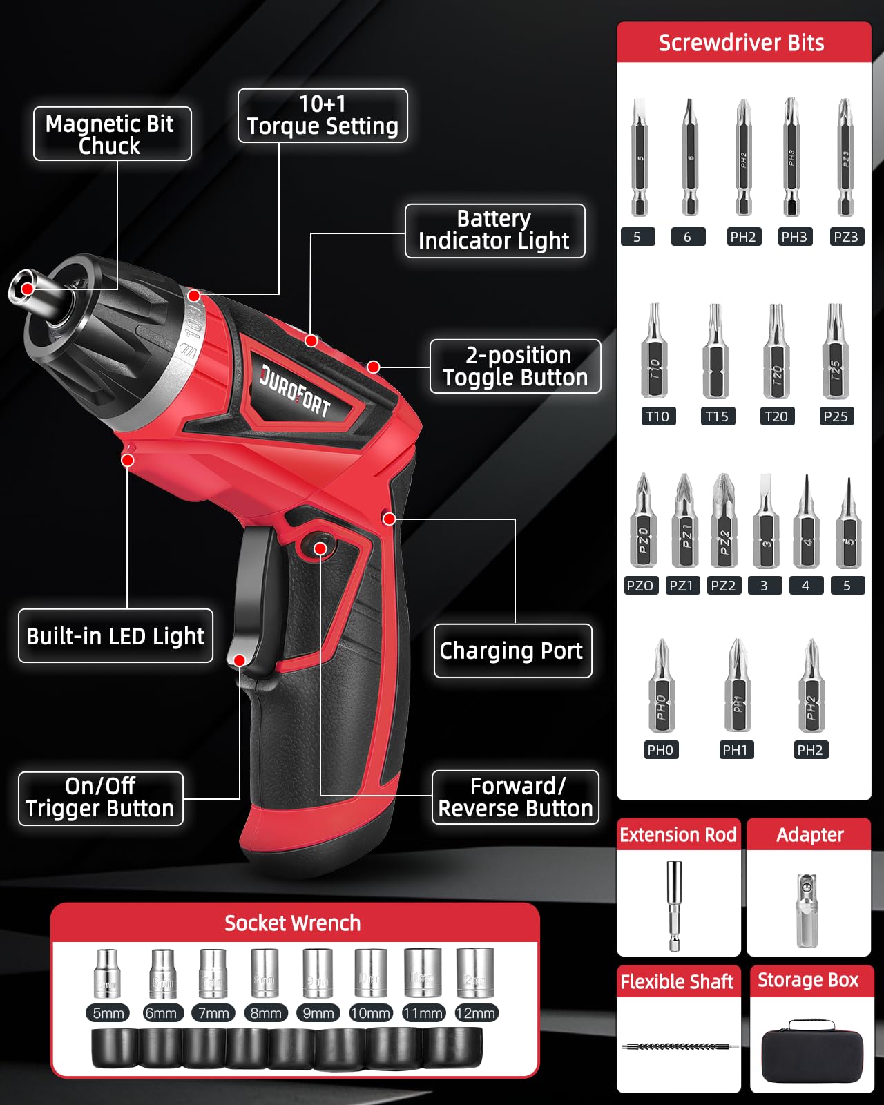 Cordless Electric Screwdriver Set, 8V Max 10Nm Rechargeable Power Electric Drill, Battery Screw Gun with 28pcs Driver Bit Set, 320RPM/10+1 Torque Setting, 2 Position Handle, Flexible Shaft LED Light