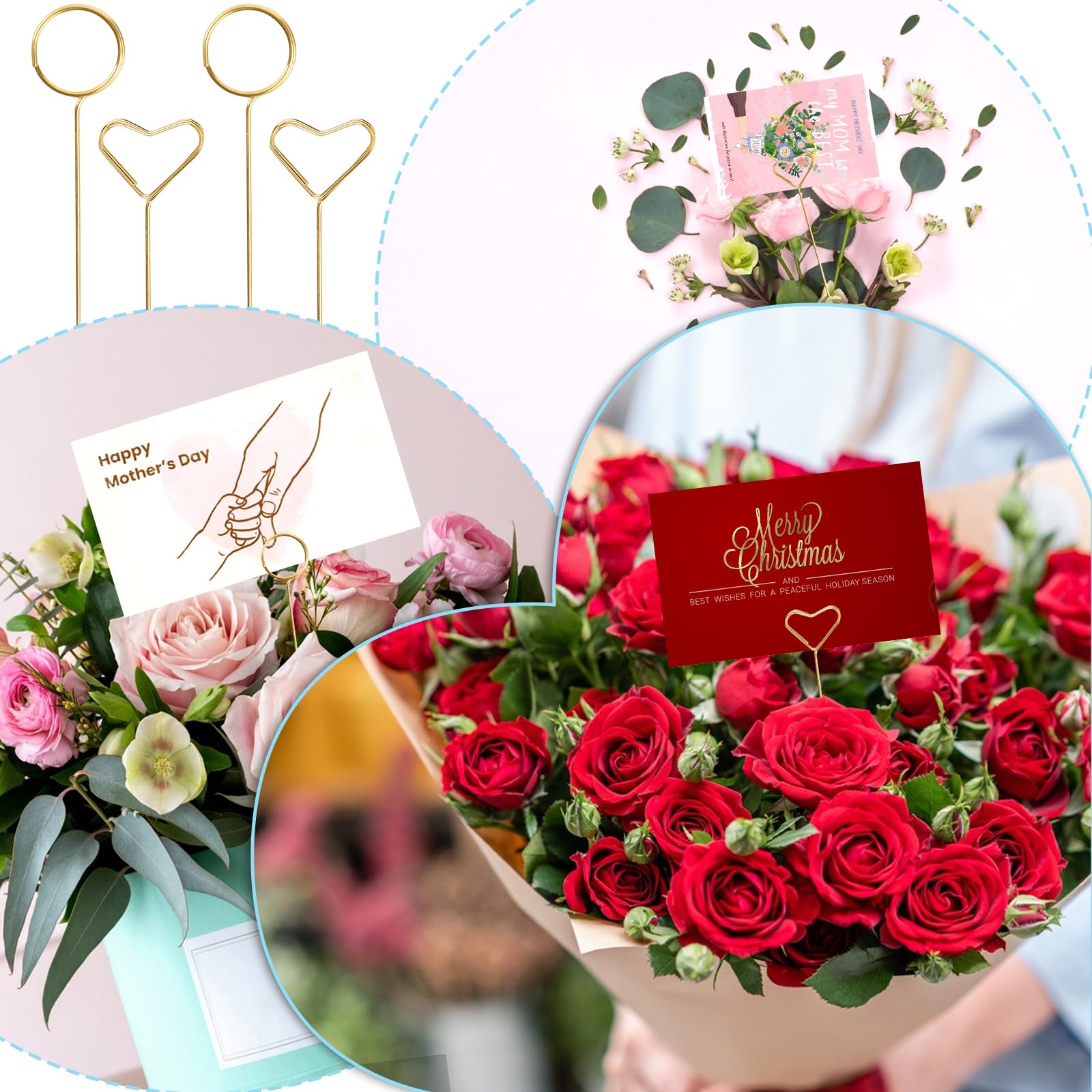 40 Pcs Flower Card Holder Photo Card Holder Floral Picks 12 Inch Metal Floral Place Card Holder Golden Floral Picks Clips Heart Round Shape Flower Ring Loop for Wedding Flower Arrangements DIY Craft