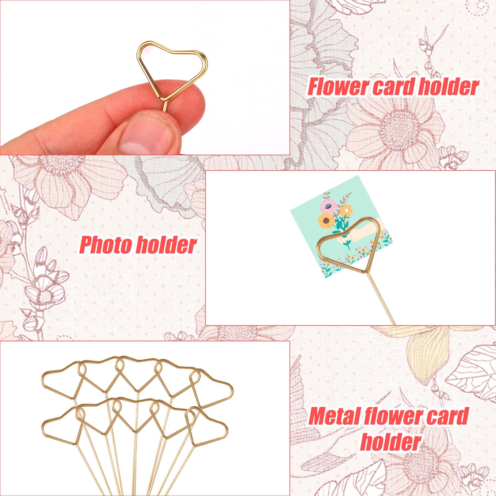 XIHIRCD 20pcs Floral Card Holder Picks, Metal Heart Shape Gift Card Holder Decorative Flower Photo Picture Sticks Clips Golden Card Holder Floral Arrangement for Wedding Party Valentines Centerpiece