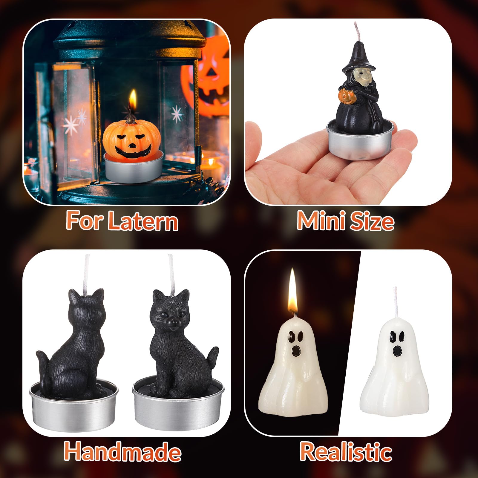 Rossesay 12 Pcs Halloween Decoration Candles Ghost Candles Pumpkin Skeleton Cat Witch Cute Mini Candles White Soy Wax Horror Tea Lights Spooky Candles Set for Autumn Halloween Party Home Decorations