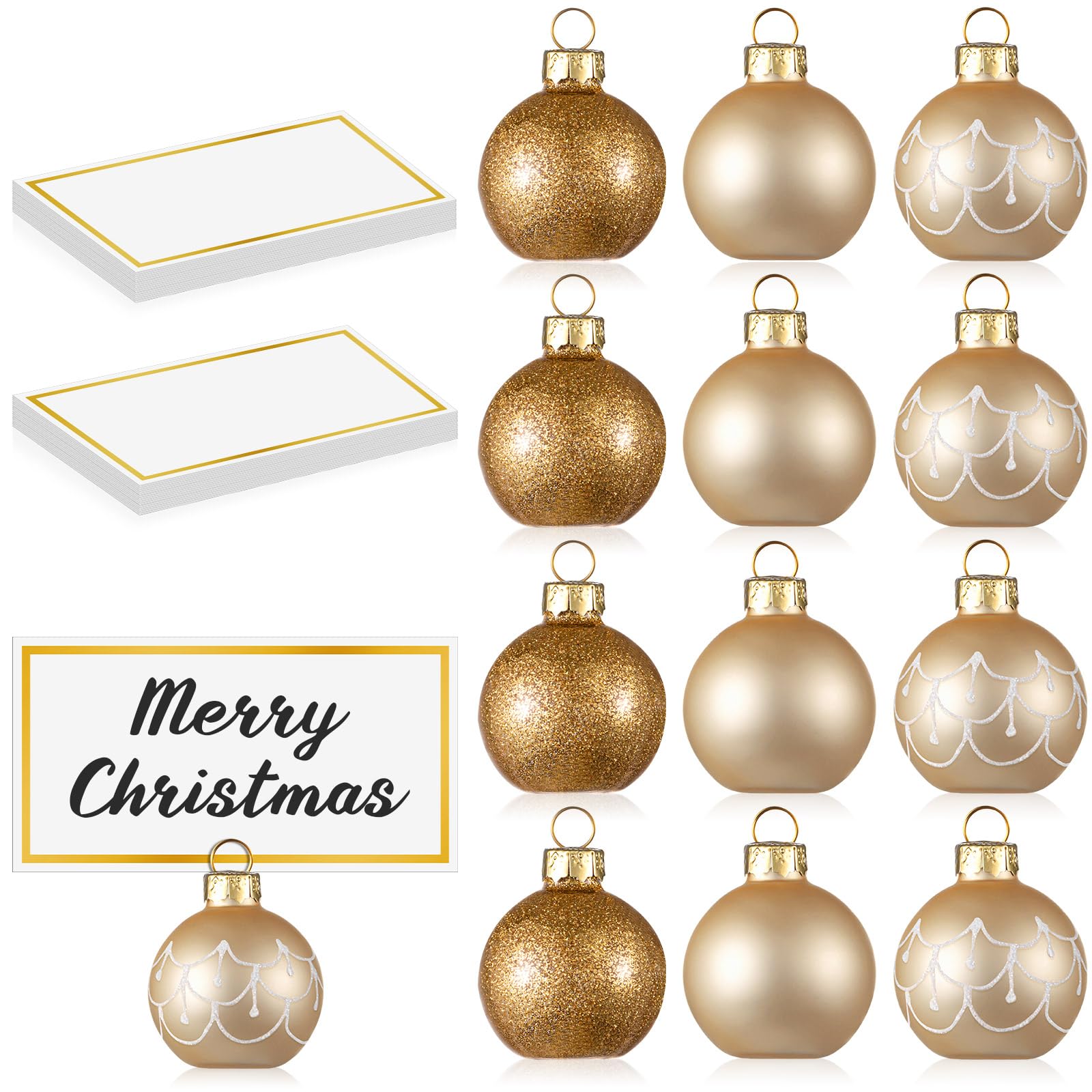 Civaner 12 Pcs Christmas Ornament Place Card Holders and 18 Pcs Name Cards Set Gold Glass Ball Table Number Holder Table Sign Card Holder for Xmas Winter Wedding Anniversary Birthday Party,1.6 Inch