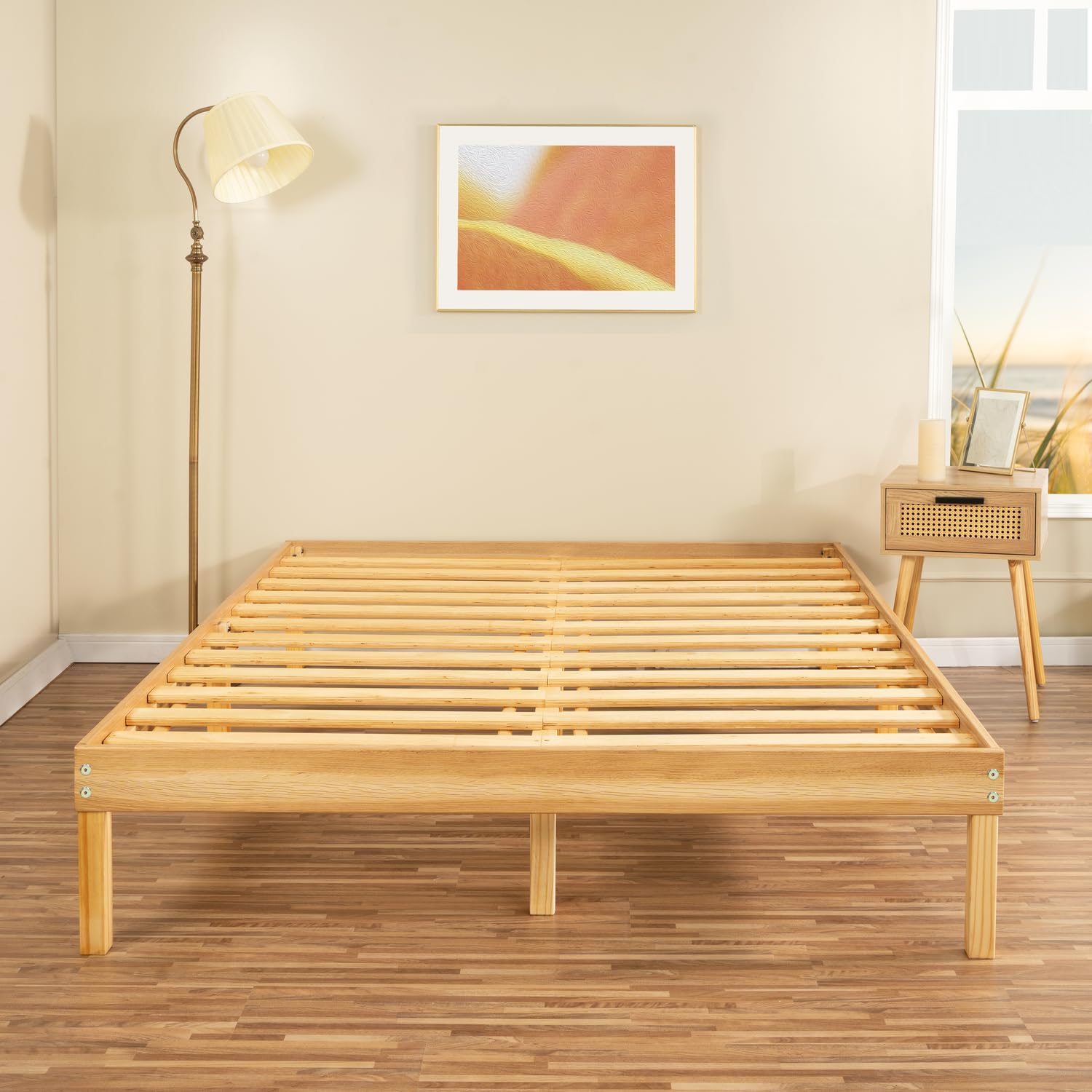 Naomi Home 14 Inch Solid Wood Platform Bed Queen Bed Frame, Pine Wood Queen Platform Bed Frame, No Squeak Bed Frame, Bed Frame Queen Size, No Box Spring Needed, Sturdy Bed Frame - Natural