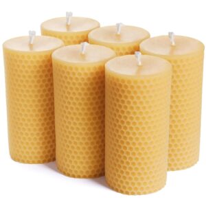 pure natural beeswax pillar candles bulk - pack of 6 - honeycomb surface, no scent- for emergency/prayer/relax (2inch diameter, 4 inch tall - yellow)