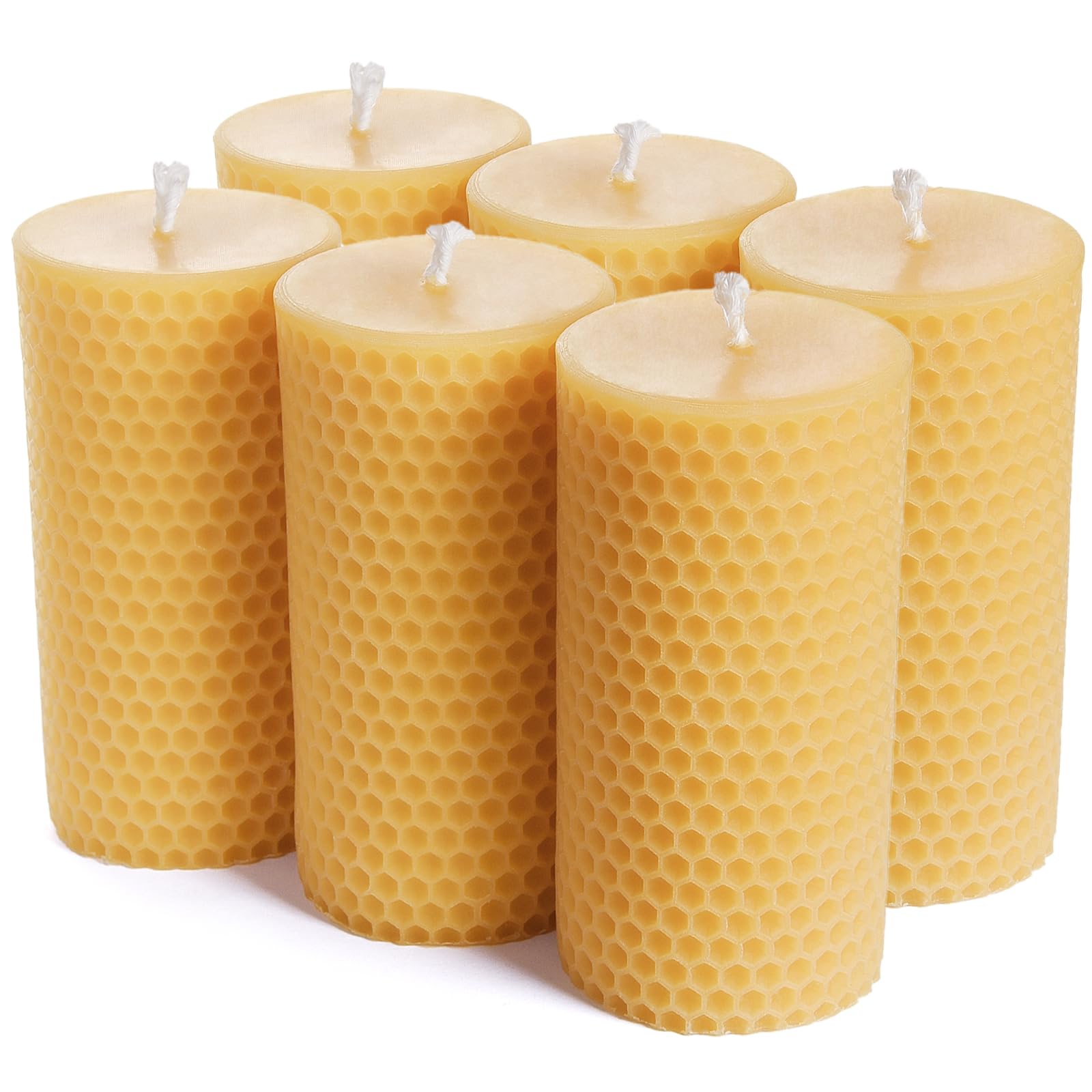 Pure Natural Beeswax Pillar Candles Bulk - Pack of 6 - Honeycomb Surface, No Scent- for Emergency/Prayer/Relax (2inch Diameter, 4 inch Tall - Yellow)