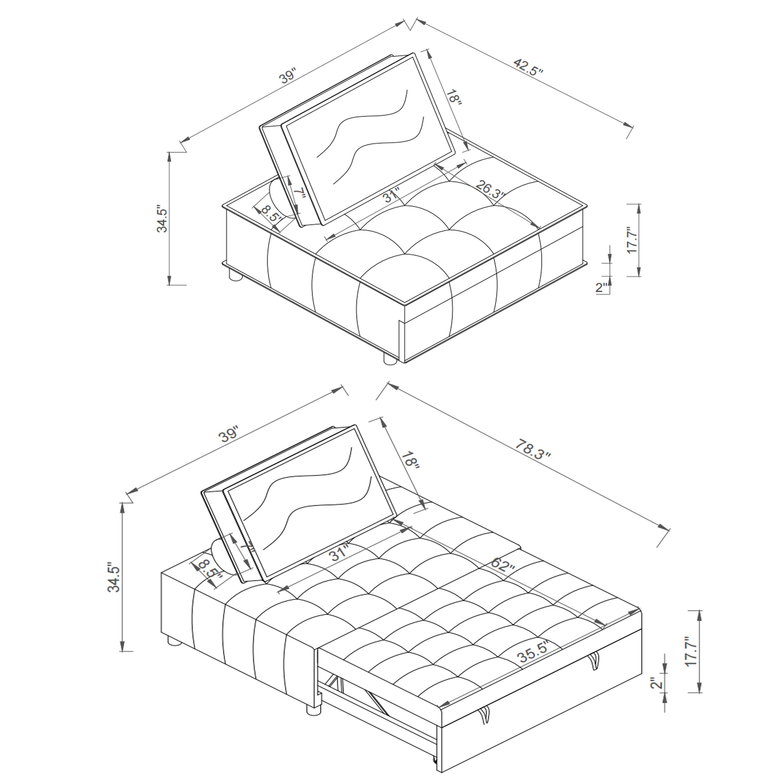 39" Convertible Sofa Bed Chair Ottoman Sleeper Chair Lounge Fold-Out Bed Compact Sleeper Space-Saving Ottoman Bed Modern Tufted Armless for Living Room Office Bedroom Brown PU Leather