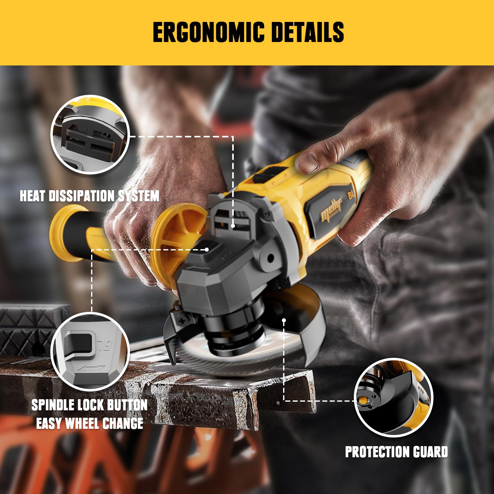 Cordless Angle Grinder, Compatible with DeWalt 20V Max Battery, 4-1/2-Inch, 8,500RPM Brushless Motor, with Cutting Wheel Disc & Pin Wrench for Metal Wood Polishing, Thin Steel, (Battery NOT Included)