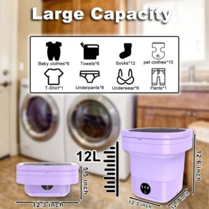 Portable Washing Machine,12L Mini Washer with Foldable Design, Small Folding Washing Machine with 3 Intelligent Cleaning Modes for Travel,Apartment,Baby Clothes,Socks（Purple)