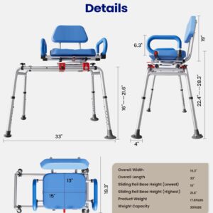 VOCIC Sliding Shower Chair, Swivel Tub Transfer Bench, Adjustable Height Shower Bench for Elderly, Bath Bench with Armrests & Swivel Padded Seat