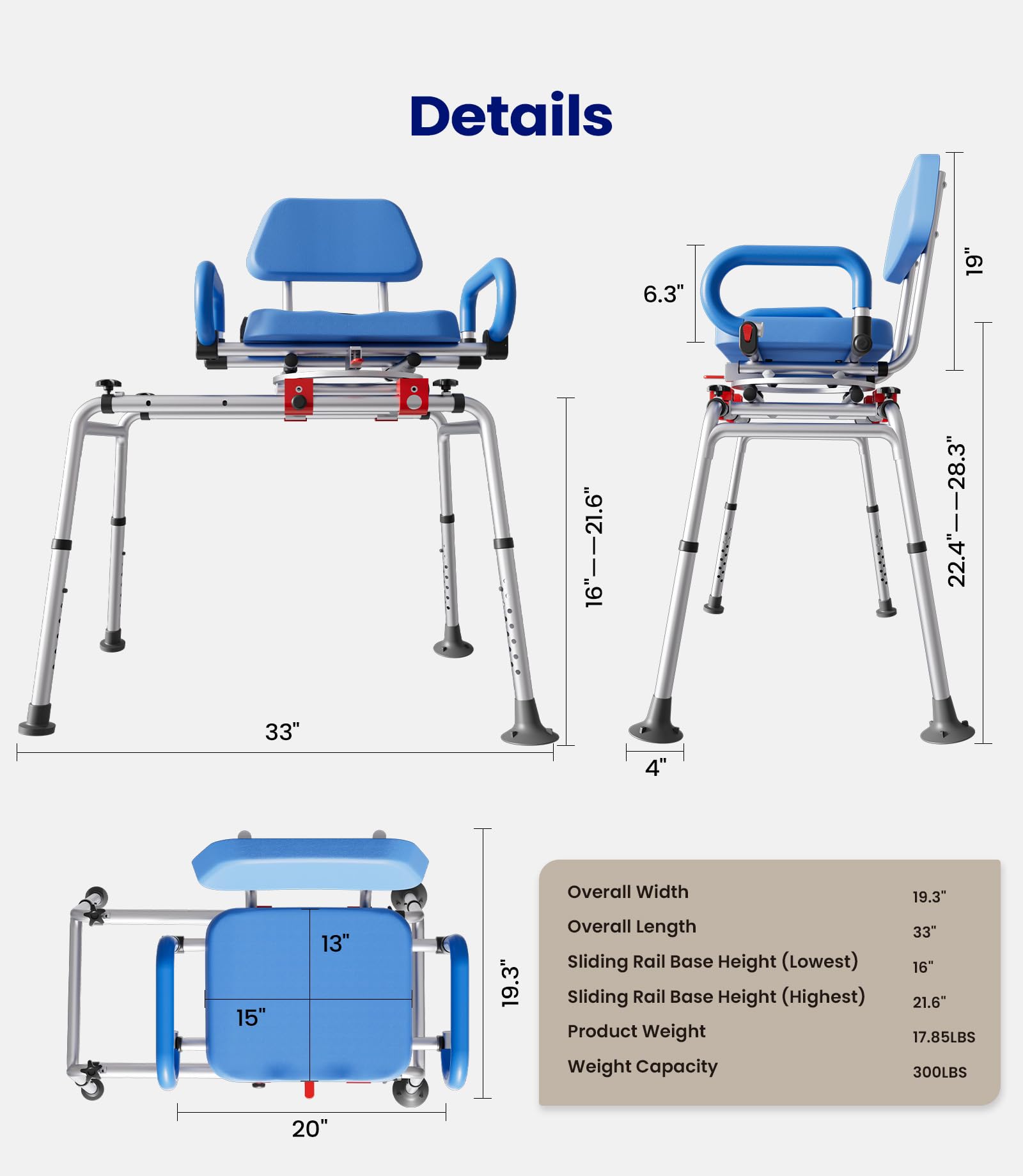 VOCIC Sliding Shower Chair, Swivel Tub Transfer Bench, Adjustable Height Shower Bench for Elderly, Bath Bench with Armrests & Swivel Padded Seat