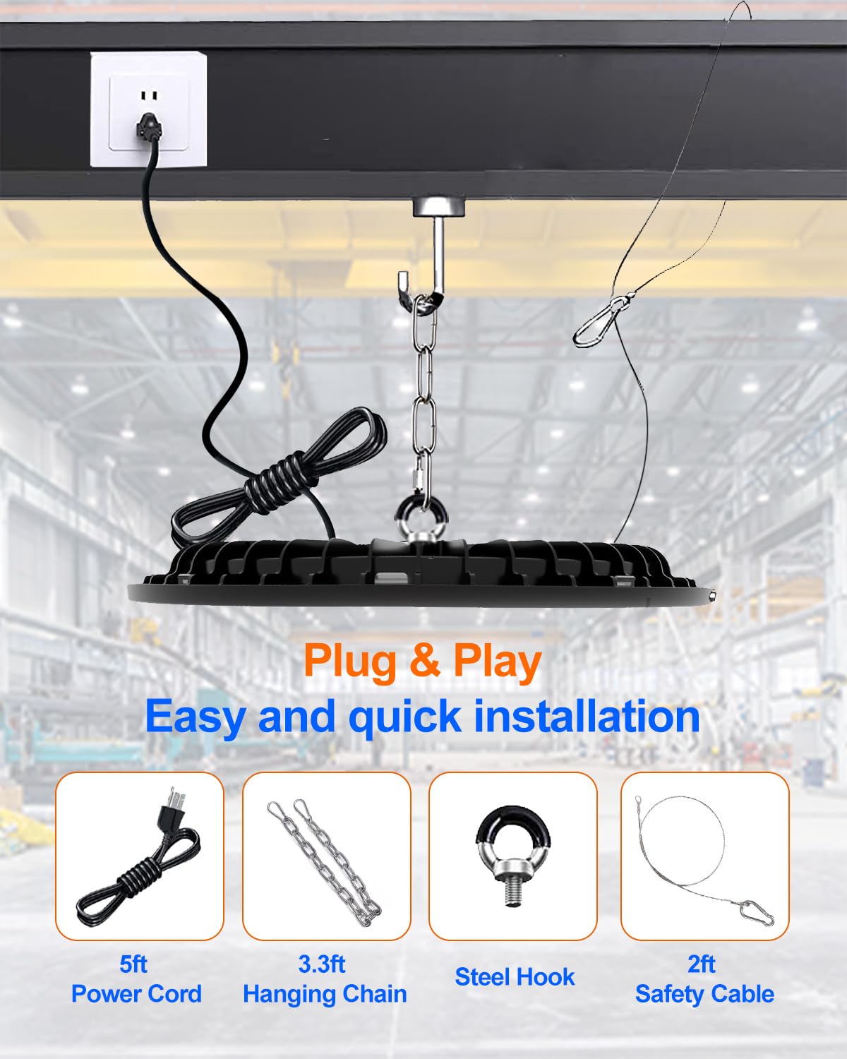 SHLUCE 2 Pack, 200W UFO LED High Bay Light, 6500K Daylight, High Bay LED Shop Lights for Workshop, Warehouse, Garage, 28000 LM, with US 5ft Cable Plug & Play, IP66 Waterproof Lighting Fixture