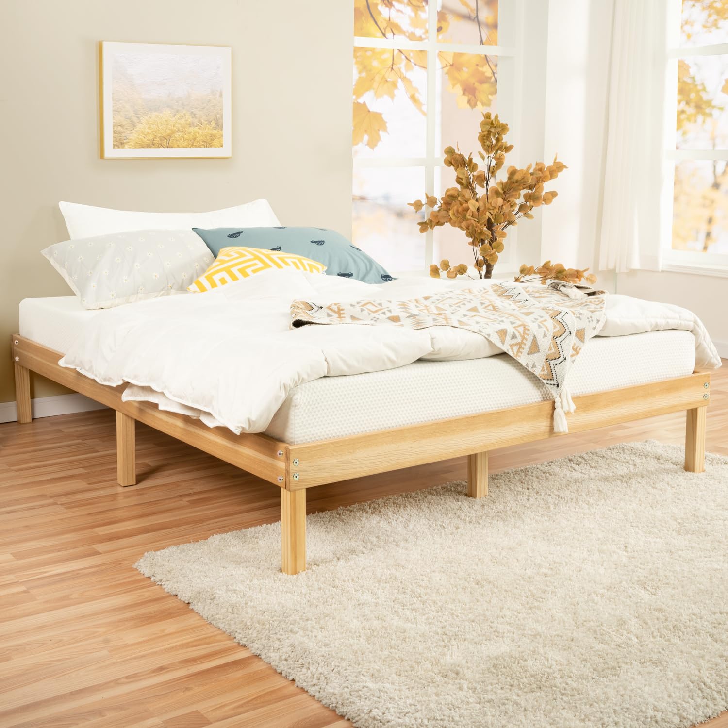 Naomi Home 14 Inch Solid Wood Platform Bed Queen Bed Frame, Pine Wood Queen Platform Bed Frame, No Squeak Bed Frame, Bed Frame Queen Size, No Box Spring Needed, Sturdy Bed Frame - Natural