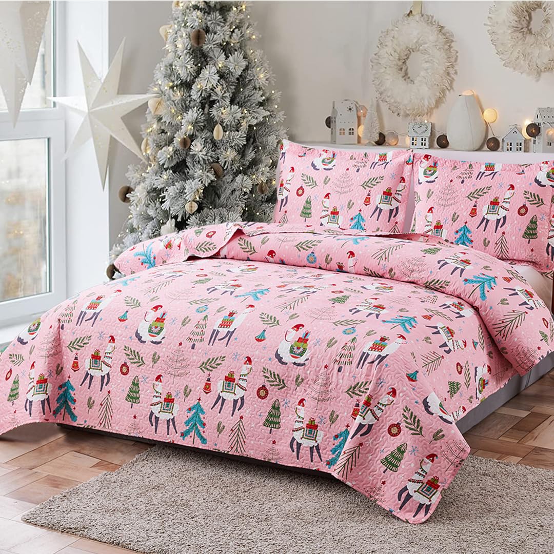 Christmas Bedspread Coverlets Twin Size Girls Quilt Set Xmas Pink Alpaca Bedding Kids Lightweight Bedspread Reversible Quilts Christmas Holiday Bed Cover Set，1 Quilt and 2 Pillow Shams