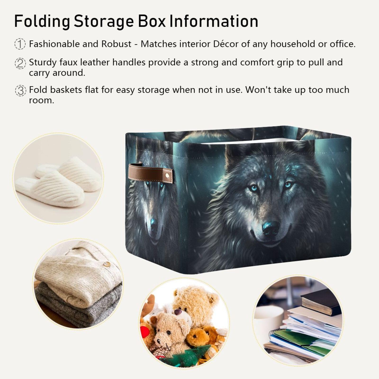 YETTASBIN Wolf Storage Basket 1PC, Large Collapsible Toys Clothes Organizer, Long-Lasting Canvas Storage Bin with Handle for Shelves Closet Laundry Home Office Decor