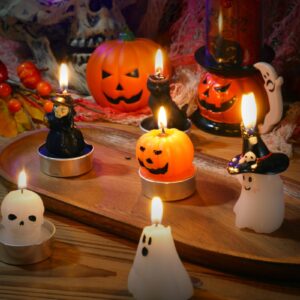 Rossesay 12 Pcs Halloween Decoration Candles Ghost Candles Pumpkin Skeleton Cat Witch Cute Mini Candles White Soy Wax Horror Tea Lights Spooky Candles Set for Autumn Halloween Party Home Decorations