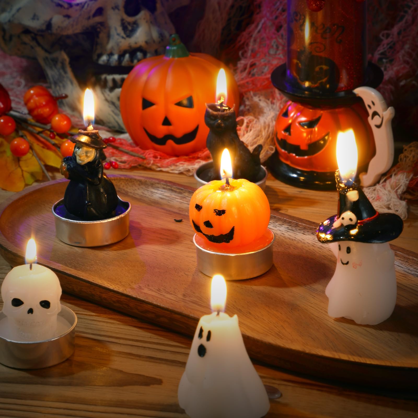 Rossesay 12 Pcs Halloween Decoration Candles Ghost Candles Pumpkin Skeleton Cat Witch Cute Mini Candles White Soy Wax Horror Tea Lights Spooky Candles Set for Autumn Halloween Party Home Decorations