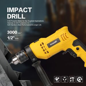 Inequalit 4.5Amp 0-3000 RPM Corded Hammer Drill, 1/2 Inch Chuck Impact Drill with 105-Piece Accessory Set, Adjustable Speed Control, 360° Swivel Handle, Depth Gauge and Portable Carrying Case