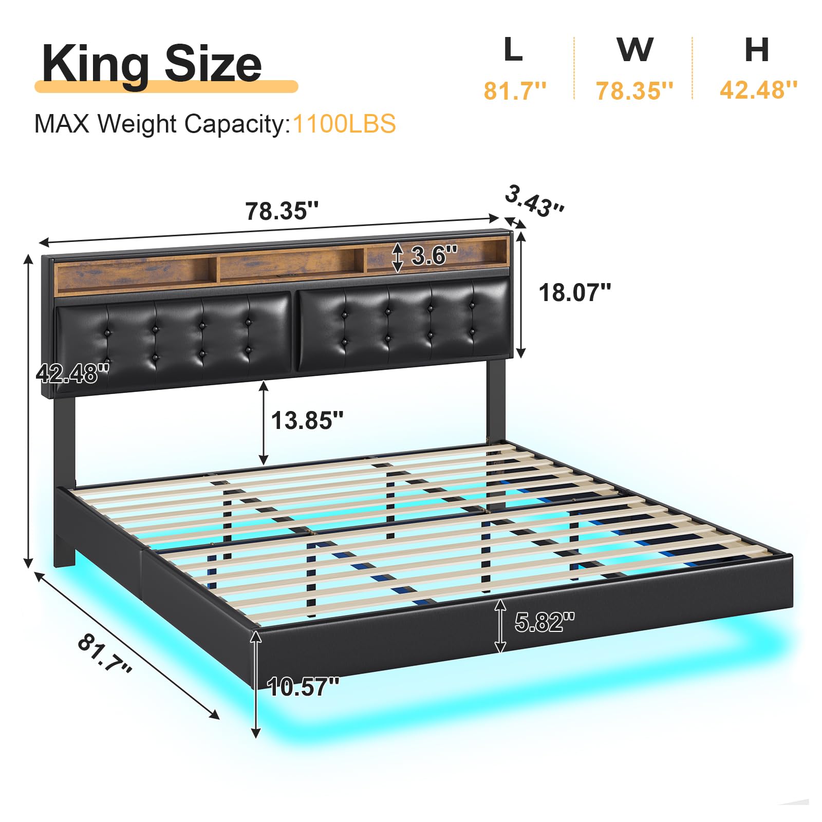 DICTAC Floating King Bed Frame with Led Lights and Storage Headboard King Size LED Bed with Charging Ports Visual Floating Platform Bed with Wood Slats,Faux Leather,No Box Spring Needed,Black