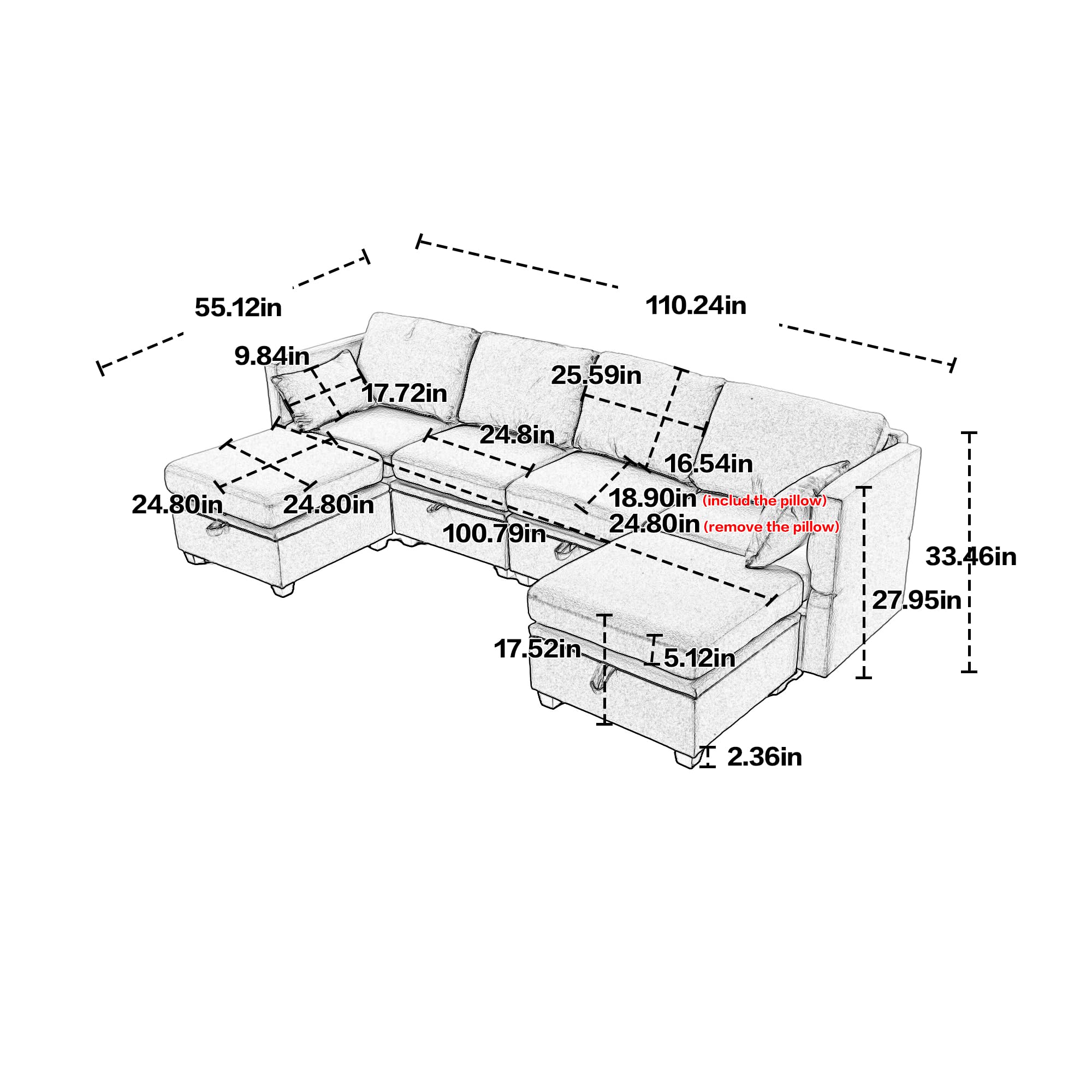 FANYE L/U-Shaped Free Modular Storage Sleeper Sectional Sofa Bed with Reversible Chaises/Ottomans and Adjustable Armrests Convertible Spacious Sleep Sofabed for Home Apartment Office Living Room