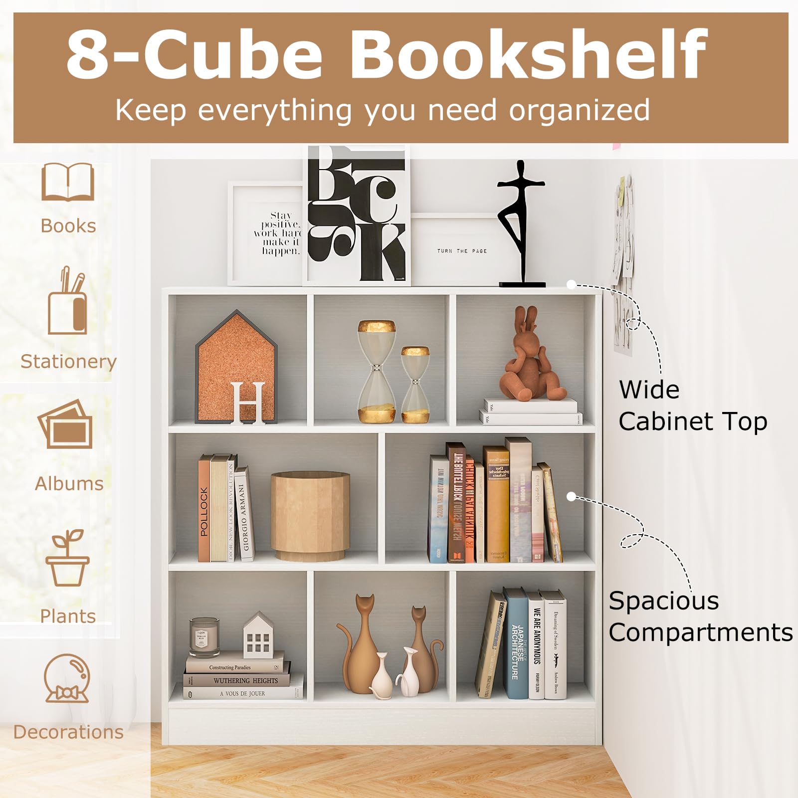 Tangkula 8-Cube Bookshelf, 39.5”L Floor Bookcase with 2 Anti-Tipping Kits, Freestanding Storage Organizer, 4-Tier Display Shelf for Home, Office & Dorms, Natural/White (White, 8-Cube)