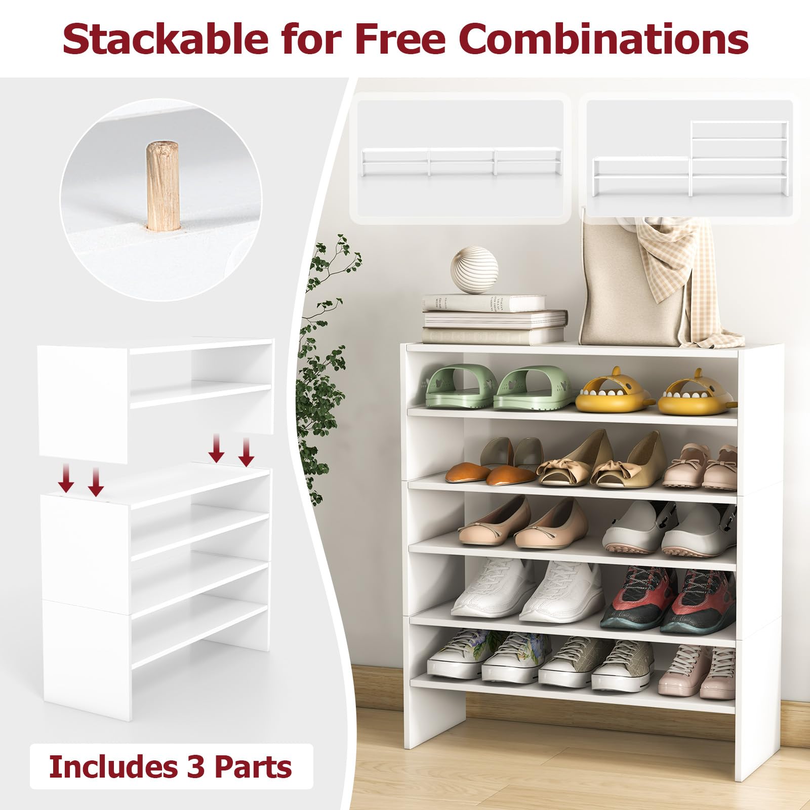 Tangkula 6-Tier Vertical Shoe Rack, Space Saving Corner Shoe Shelf with Stackable Design for 36 Pairs, 3-in-1 Adjustable Storage Shoe Stand for Front Door Entryway (2, White)