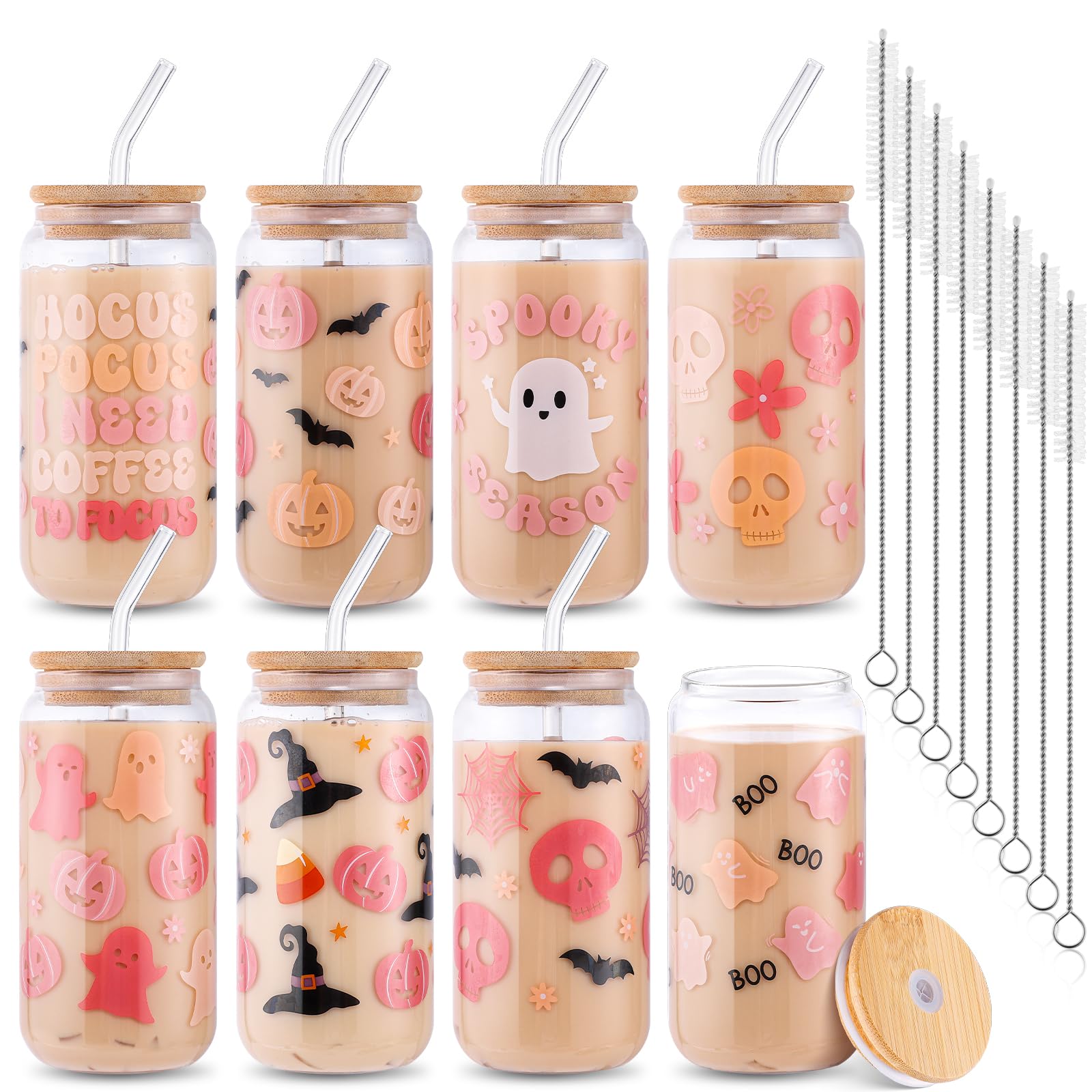 8 Pcs Pink Ghost Halloween Glasses Cups, 16 oz Cute Halloween Spooky Glass Cups with Lids and Straws Ghost Pumpkin Bat Iced Coffee Cups, Glasses Drinking for Halloween Party Gift