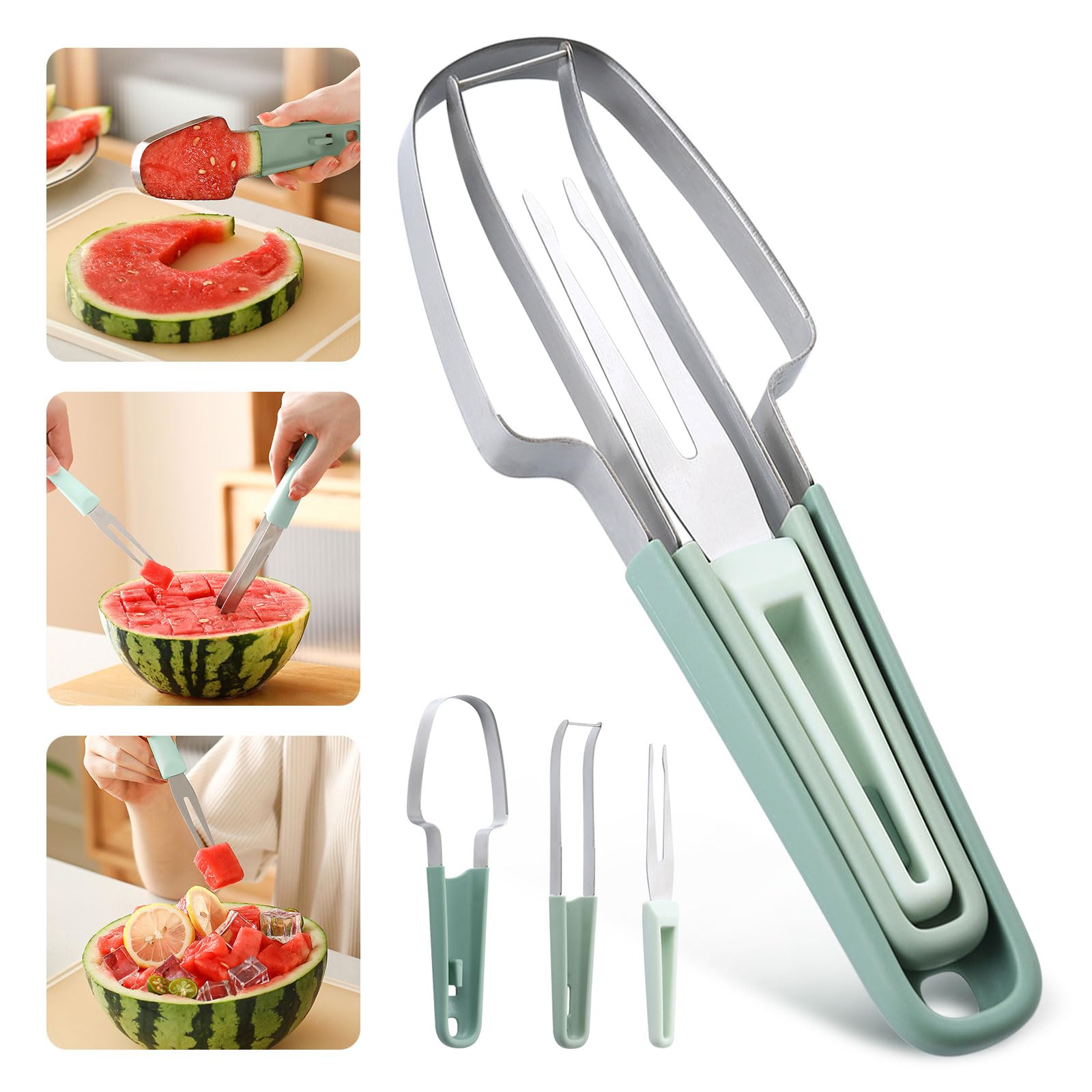 SINGYEIEC 3-in-1 Watermelon Cutter Slicer Tool, Stainless Steel Watermelon Slicer, Creative kitchen watermelon fork slicer cutter, Watermelon Popsicle Mould, melon cutter, portable fruit fork