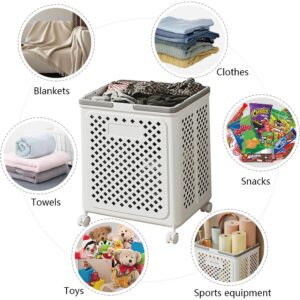 Desricy Collapsible Laundry Basket with Wheels and Handle, 50L Foldable Rolling Laundry Cart, Versatile Plastic Laundry Hamper, Dirty Clothes Hamper for Dorm, Bedroom and Bathroom, White