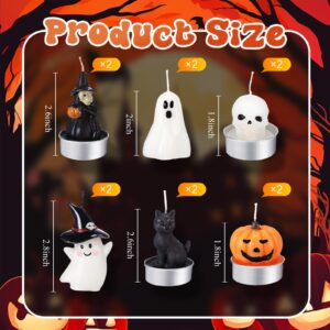 Rossesay 12 Pcs Halloween Decoration Candles Ghost Candles Pumpkin Skeleton Cat Witch Cute Mini Candles White Soy Wax Horror Tea Lights Spooky Candles Set for Autumn Halloween Party Home Decorations