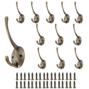 bociloy 12pcs antique brass wall hooks, zinc alloy double-prong robe hooks utility hooks coat hook hanger for hanging coat clothes hat bag purse towel key robe cap cup with screws