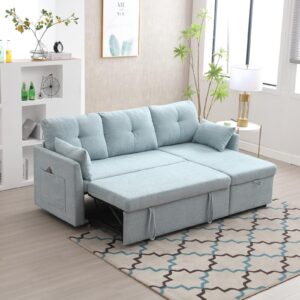 chenille couch with pull out sofa bed, sleeper sofa with storage chaise lounge, sectional couch with comfy pillows and pockets, convertible l shape couches for living room, bedroom, office, mint green