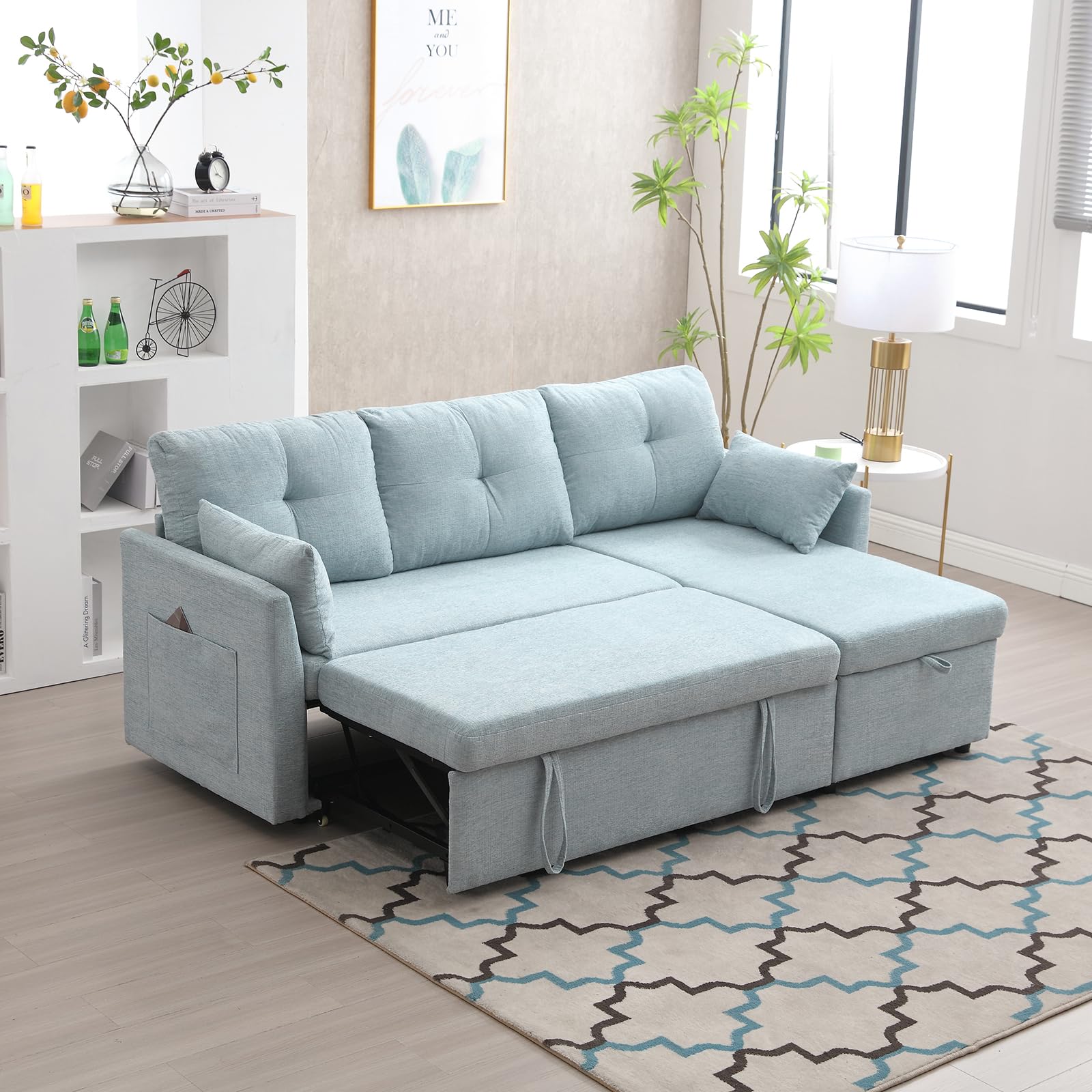 Chenille Couch with Pull Out Sofa Bed, Sleeper Sofa with Storage Chaise Lounge, Sectional Couch with Comfy Pillows and Pockets, Convertible L Shape Couches for living room, Bedroom, Office, Mint Green