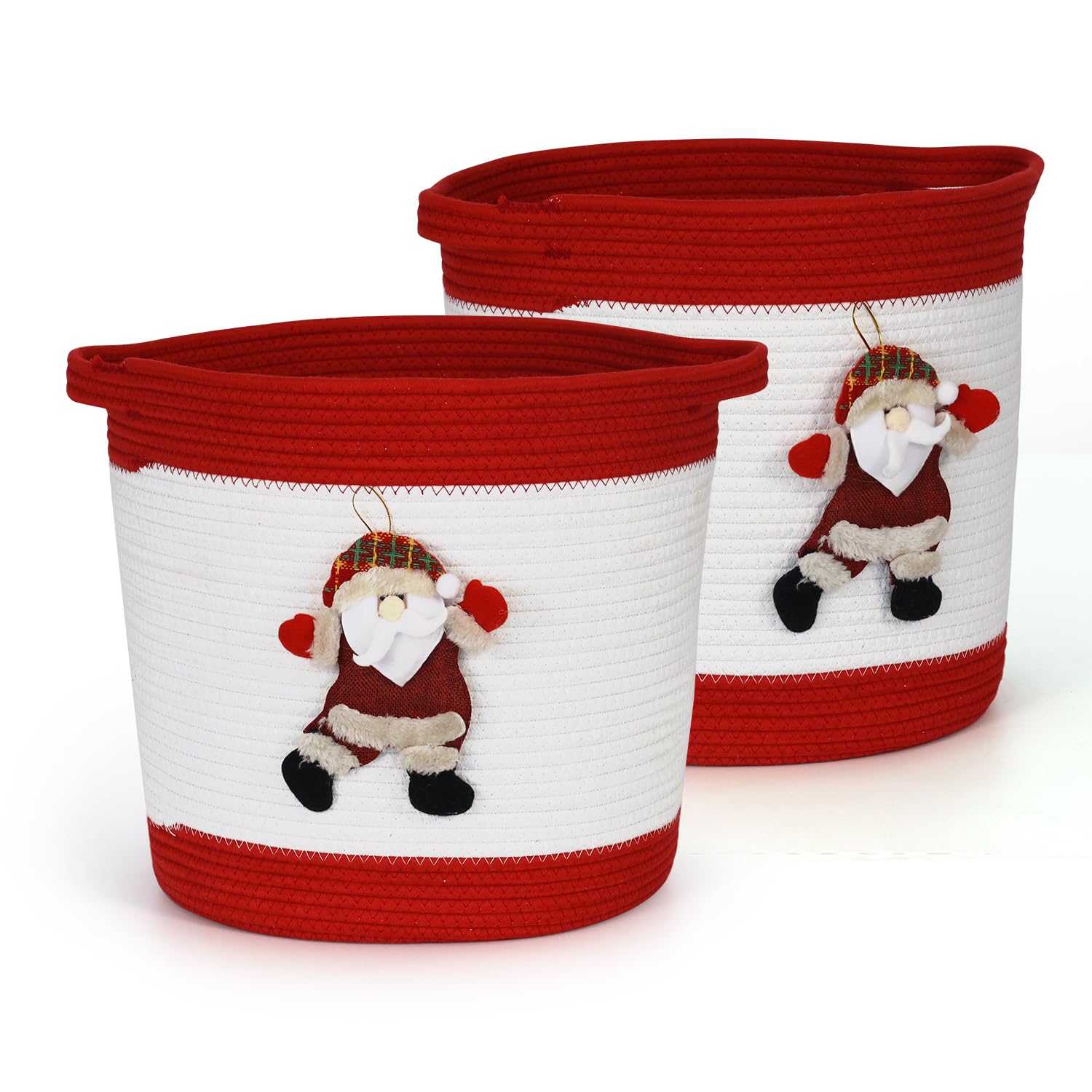 BinWhiz Christmas Gift Basket, 12.6" x 14" Santa Claus Decorative Rope Woven Basket, Festival Storage Bins with Handles for Shelves, 2 Pack