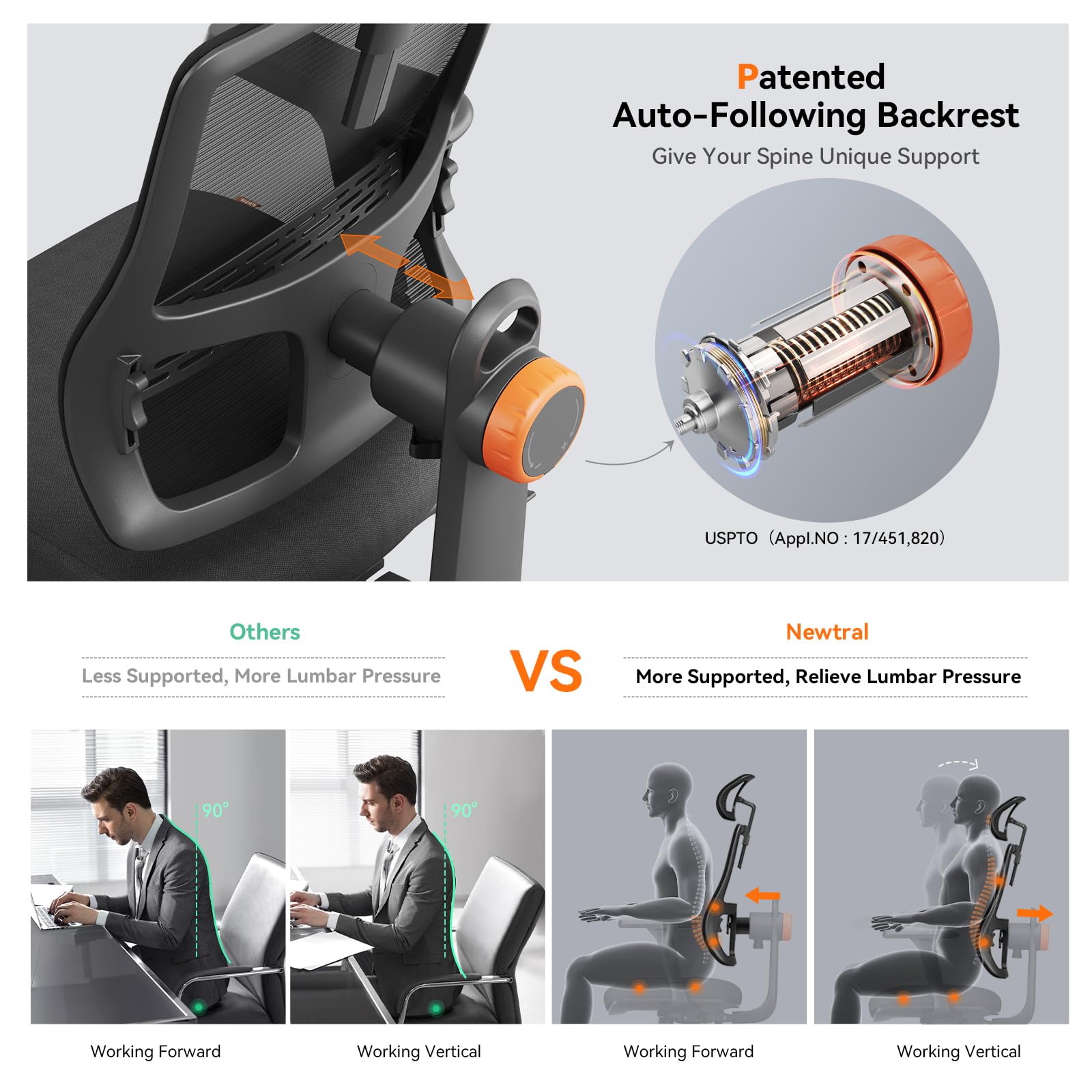 Newtral Ergonomic Office Chair with Laptop Table Tray - Home Office Desk Chair with Auto-Following Lumbar Support, 3D Armrest, Adjustable Headrest, Recline Mesh Back