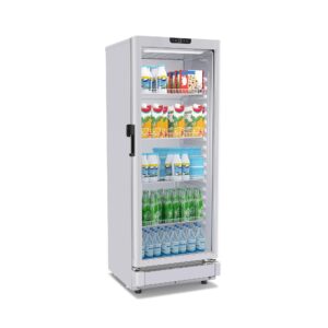 grs glass door display refrigerator - 7.1 cubic feet display beverage light commercial fridge, ecooler system, adjustable shelves, ideal for convenience stores - white